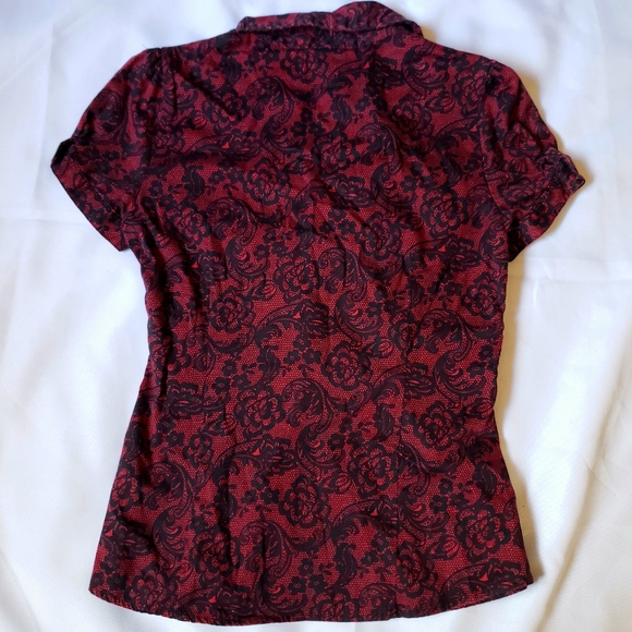 Apt.9 Womens Petites PS Top Short Sleeve Collared Blouse Red Black Floral Print - Picture 4 of 4